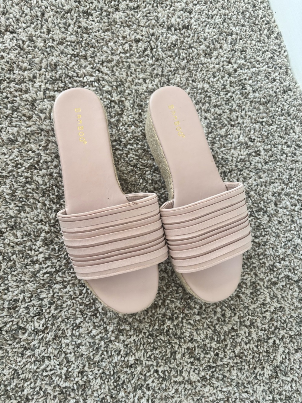 BAMBOO Blush Pink Ruched Slide Wedge Sandals